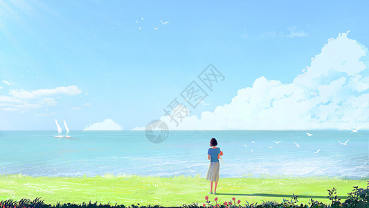 女孩一人在海边插图图片