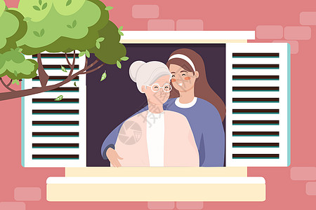 母亲节花母亲节儿女和妈妈在窗口插画
