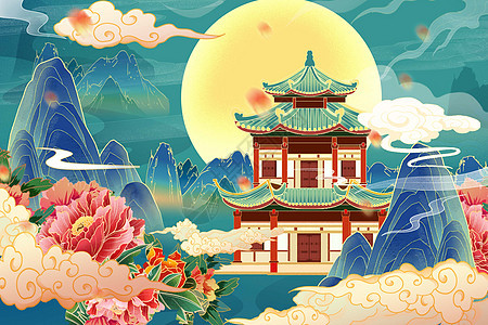 国潮中国风山水建筑唯美风景插画图片