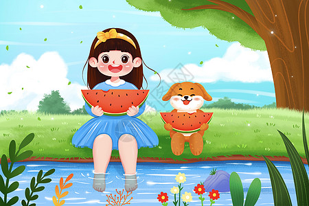宠物饮水带着小狗在河边吃西瓜的女孩插画