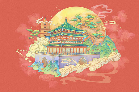 红色西安国潮风古风建筑风景插画图片
