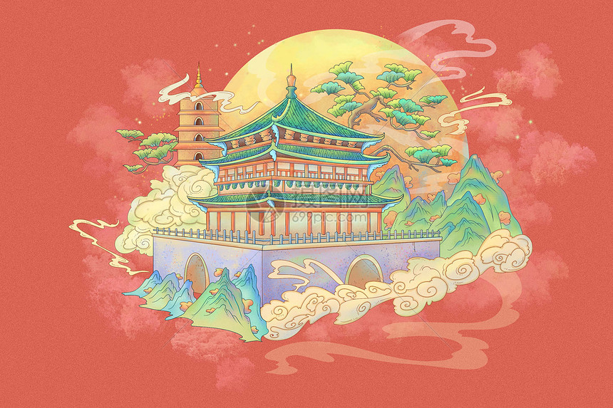 红色西安国潮风古风建筑风景插画图片