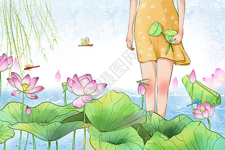 立夏夏天荷花池摘莲蓬的女孩背景图片