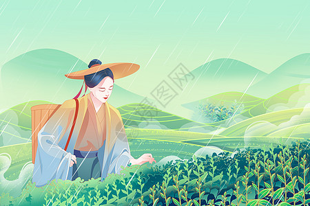 国潮人物绿色国风谷雨采茶人插画