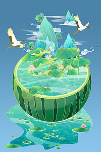 二十四节气立夏夏天西瓜荷花仙鹤山水云国潮手绘插画背景图片