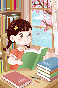 世界阅读日读书的女孩插画图片