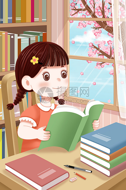 世界阅读日读书的女孩插画图片