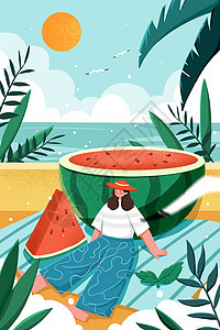 扁平风二十四节气立夏清新海边西瓜和少女竖版插画背景图片