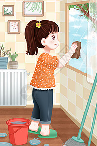 五一劳动节擦玻璃的女孩插画背景图片