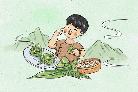 中国风水彩端午节男孩吃粽子图片