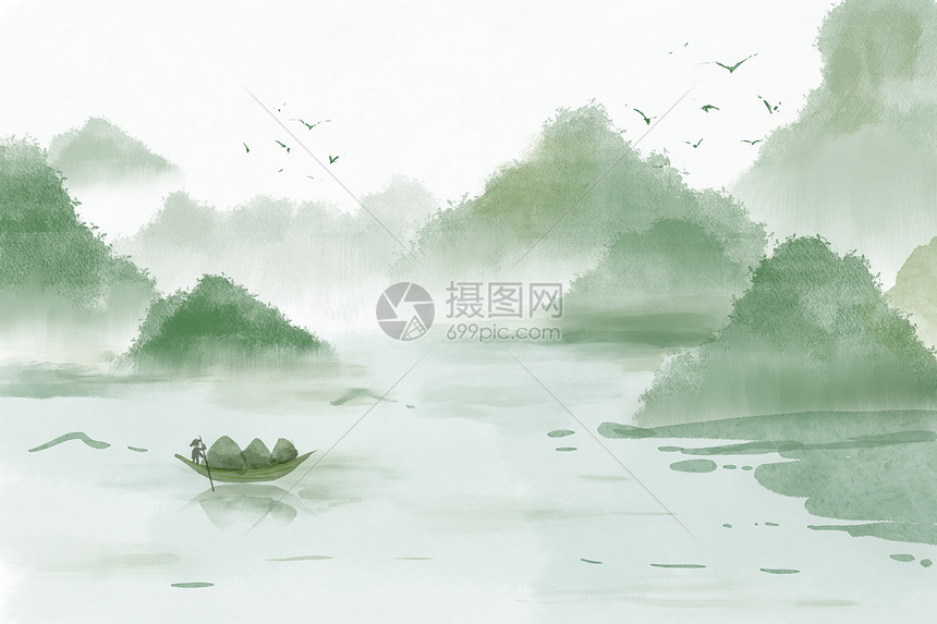 中国风水墨端午节山水插画图片