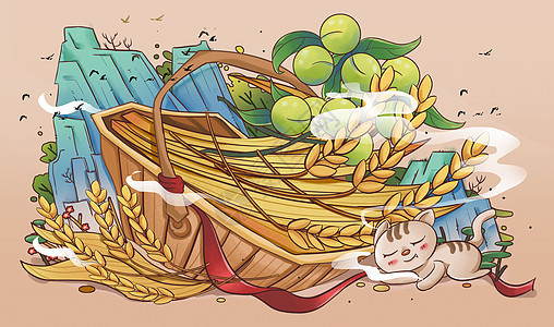 芒种节气小猫和一篮子麦穗插画图片