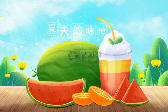 夏天吃西瓜喝冷饮立夏小暑大暑插画背景图片