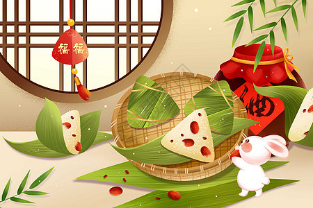 小清新红枣粽子端午美食与小兔子插画背景图片