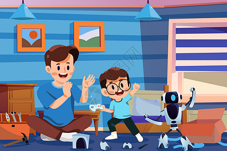 童趣六一儿童节爸爸和孩子在房间里玩机器人节日礼物插画