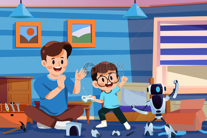 六一儿童节爸爸和孩子在房间里玩机器人节日礼物图片