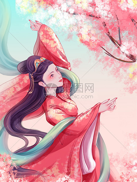 国潮风少女插画樱花舞动的少女图片