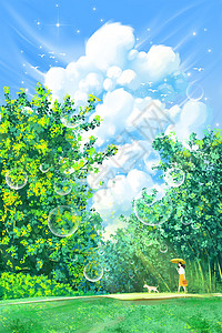立夏夏日森林蓝天白云插画图片