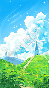 蓝天白云下山坡上的风车背景图片