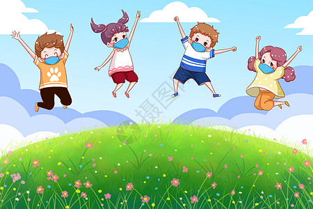 草坪上玩耍跳跃的孩子们图片