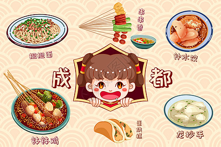 亚洲小女孩卡通成都美食系列插画