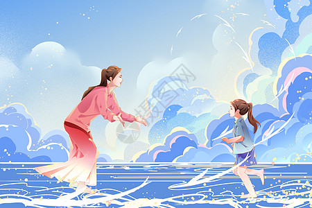 妇女节手机海报母亲节母女在海边玩插画