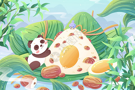 清新端午节熊猫与粽子卡通插画图片