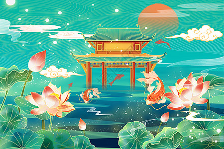 中国风国潮唯美池塘荷花夏日风景插画插画