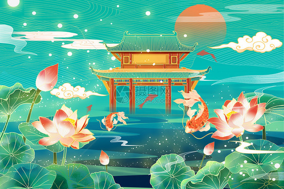 中国风国潮唯美池塘荷花夏日风景插画图片