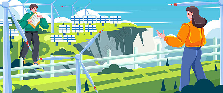 新能源郊外风力发电插画banner图片