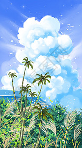 蓝天白云下树木屋顶插画背景图片
