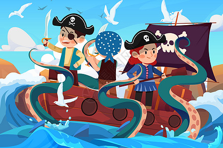 六一儿童节孩子们装扮海盗驾驶船在海上大冒险图片