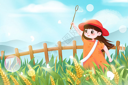 二十四节气小满主题小女孩在稻田抓蝴蝶横版插画图片