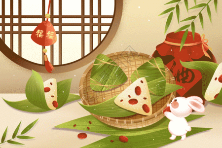 小清新红枣粽子端午美食与小兔子插画GIF图片