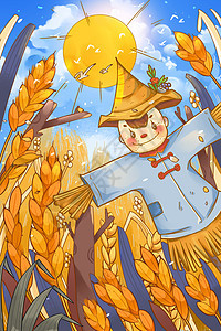 芒种节气稻谷田地的稻草人海报插画图片