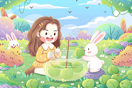 芒种节气女孩与兔子卡通插画图片