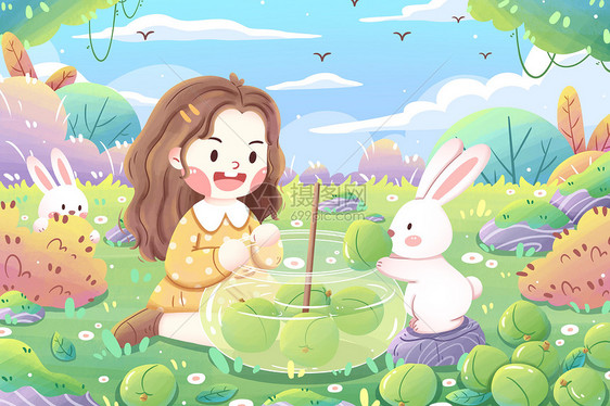 芒种节气女孩与兔子卡通插画图片
