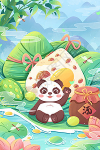 端午节熊猫与粽子清新卡通插画图片