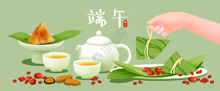 端午节喝茶吃粽子插画banner背景图片