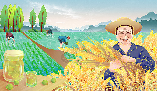 二十四节气芒种收小麦国潮手绘插画图片