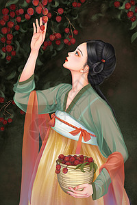 美女水果古风美人厚涂插画插画