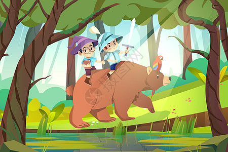 六一儿童节孩子大冒险魔法师战士骑熊穿越森林图片