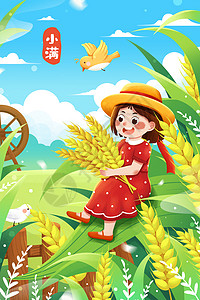 海报素材清新二十四节气小满抱麦穗女孩小麦夏季插画插画