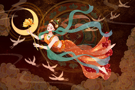 乐虎logo唯美古风敦煌飞天仙女手持金莲国潮岩彩插画插画