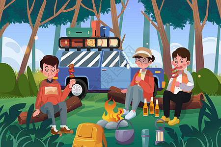 郊游野营男女朋友开车森林聚餐烧烤游玩图片