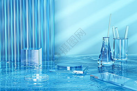 玻璃质感水背景蓝色玻璃质感展台背景设计图片