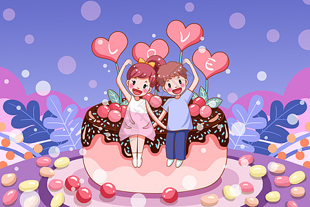 人物气泡蛋糕上比心的小情侣插画