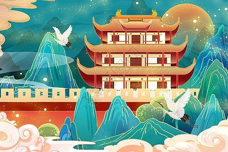 国潮山水中国风建筑唯美风景插画图片