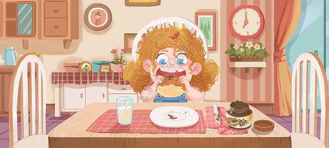 可爱小女孩吃饼插画图片