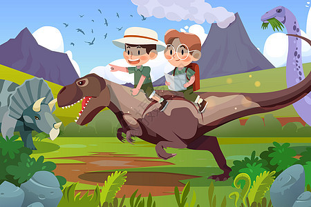 六一儿童节小朋友穿越在恐龙时代冒险探险图片